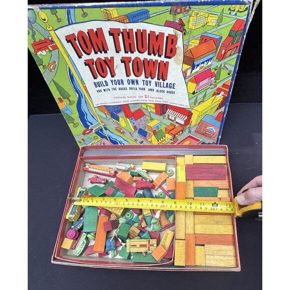 1937 TOM THUMB TOY TOWN Transogram Gold Medal toy wooden blocks buildings car - Picture 10 of 11